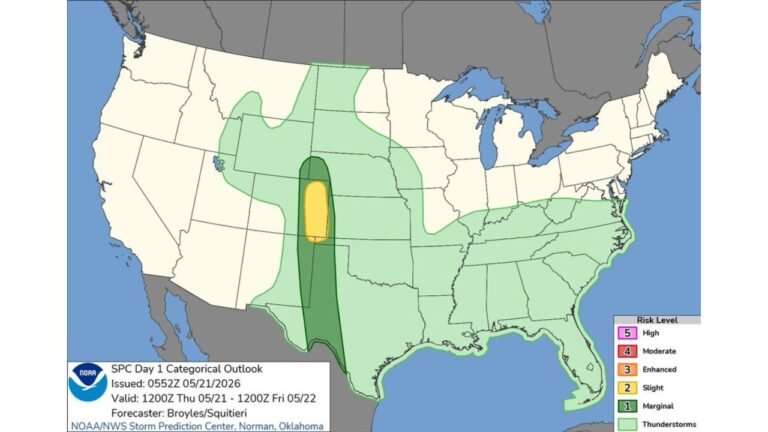 Eastern Colorado Placed Under Slight Risk of Severe Weather Thursday May 21 as SPC Day 1 Outlook Targets the Eastern Plains With Marginal Risk Spreading Across Nebraska Kansas Oklahoma and Texas