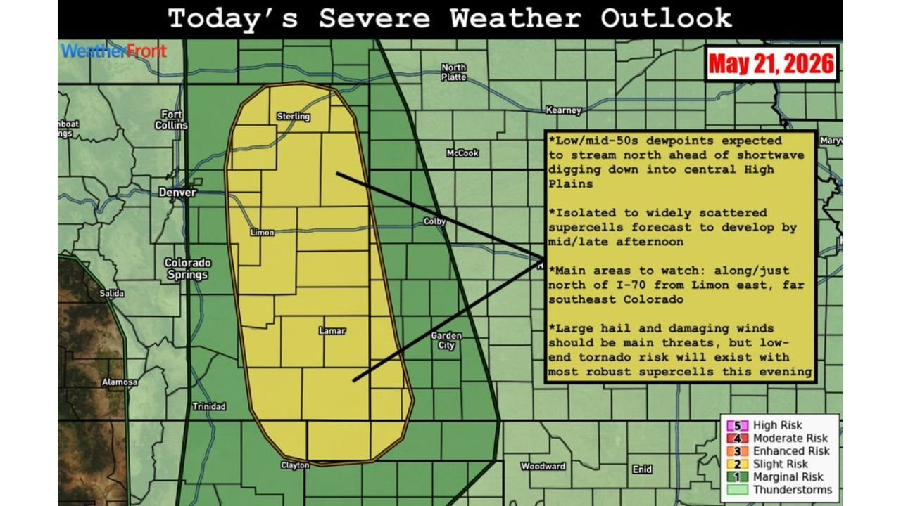 Eastern Colorado Supercells Targeting Sterling Limon and Lamar With Large Hail Damaging Winds and Low-End Tornado Risk Along Interstate 70 Corridor Thursday May 21 Afternoon and Evening