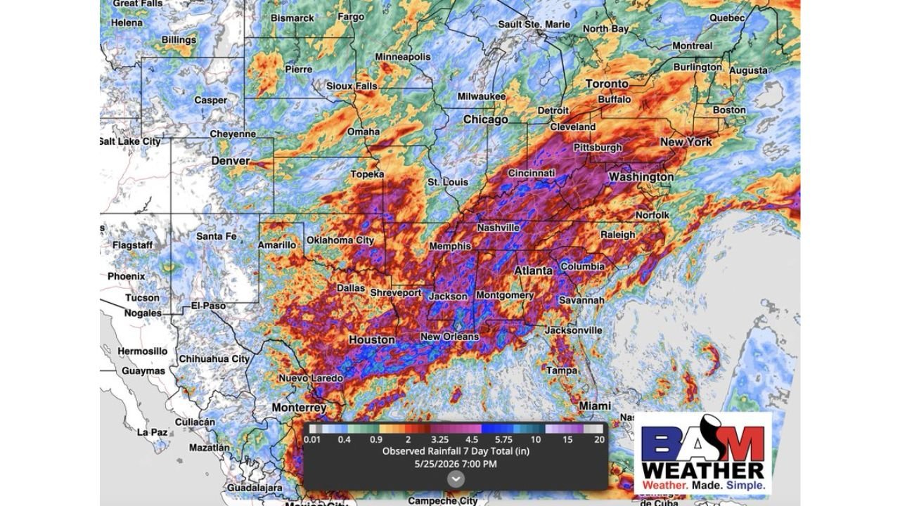 Eastern United States Records Widespread 4 to 5 Inches of Rain Over 7 Days as Saturated Soils Raise Flooding Concerns Across the Southeast While Midwest Prepares for Drier Pattern