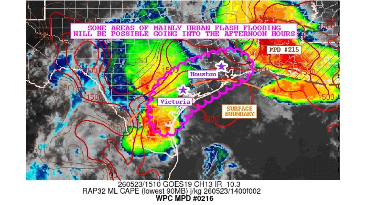 Flash Flood Threat Rising for Houston and Victoria, Texas This Afternoon as WPC Issues Mesoscale Precipitation Discussion for South-Central and Southeast Texas Saturday May 23