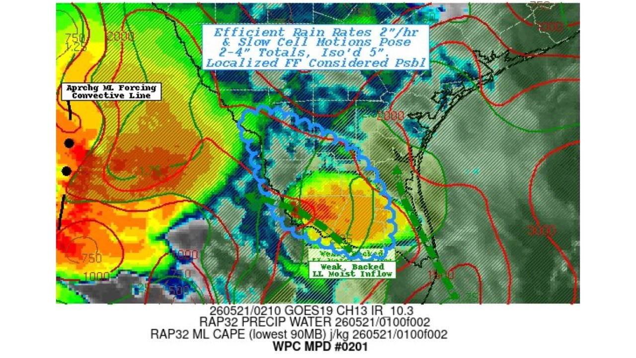 Flash Flooding Possible in Lower Rio Grande Valley and Deep South Texas as 2 Inch Per Hour Rain Rates and Slow Moving Storms Threaten 2 to 5 Inch Totals Wednesday May 21