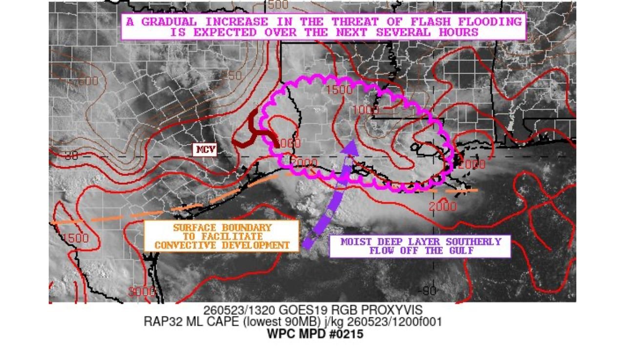 Flash Flooding Threat Gradually Increasing Over the Next Several Hours Across Far Eastern Texas, Central and Southern Louisiana, and Southwest Mississippi Saturday May 23