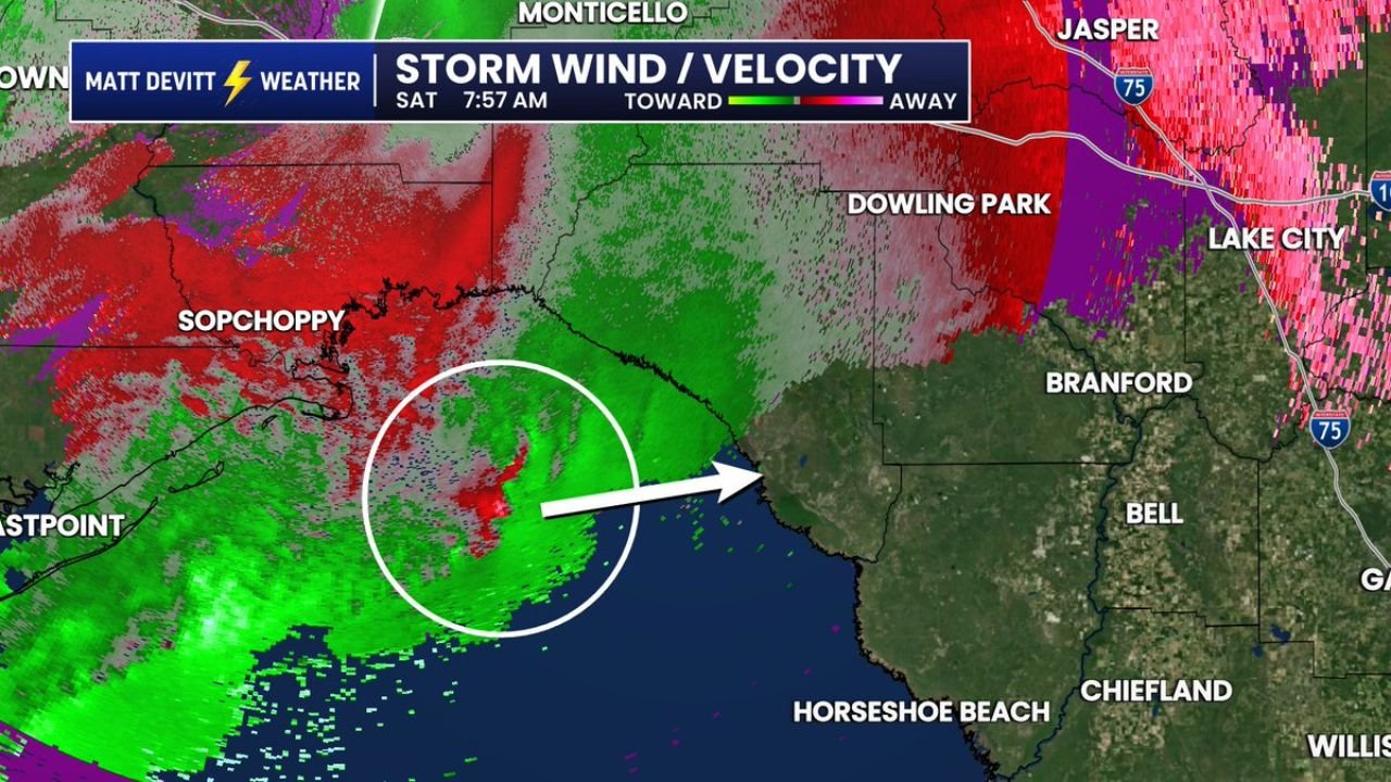 Florida Big Bend and Taylor County Face Tornado Warning Threat as Rotating Storm Moves Onshore From the Gulf at 8 AM Saturday