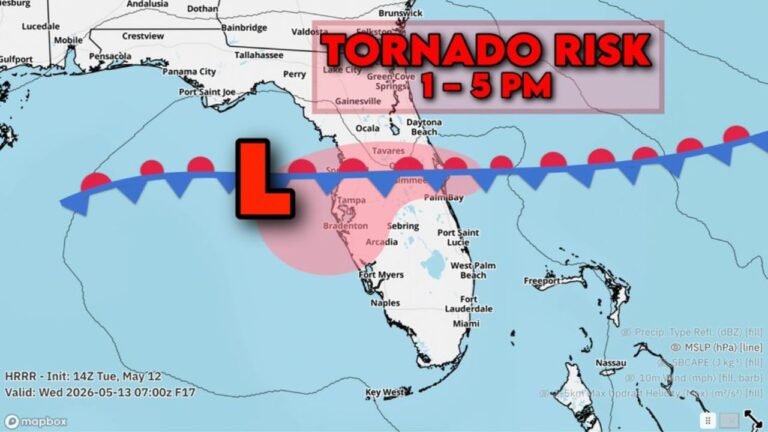 Florida Faces Increasing Supercell and Isolated Tornado Risk From Tampa and Orlando Through Kissimmee, Bradenton and Palm Bay Between 1:00 PM and 5:00 PM Tuesday May 12