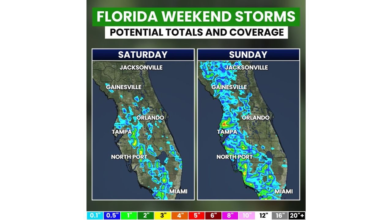Florida Faces Weekend Afternoon and Evening Storms With 2 to 3 Inches Possible Near Tampa, Orlando and North Port as Sunday Brings Greater Coverage Across the Western Peninsula May 16-17