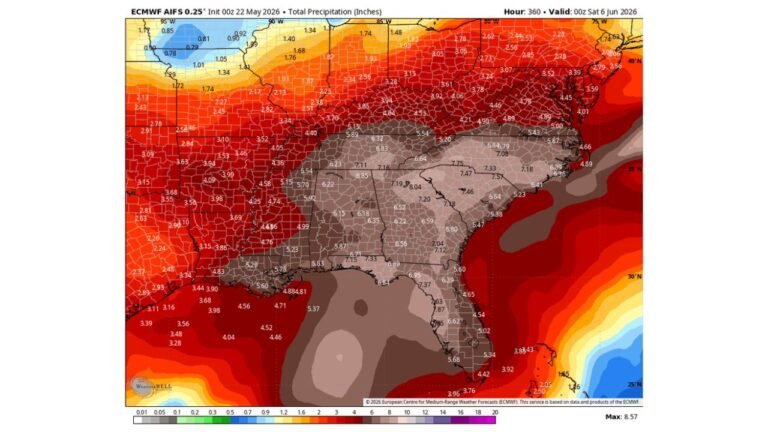 Florida, Georgia, Alabama, Mississippi, Tennessee, and the Carolinas Face Up to 8 Inches of Rain Through June 6 as Low Pressure Signal Develops Across the Gulf Heading Into June