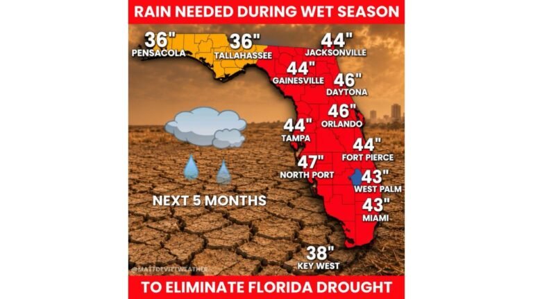 Florida Needs 36 to 47 Inches of Rain Over the Next 5 Months to End Historic Drought With Orlando, Daytona, Jacksonville and North Port Facing the Largest Deficits