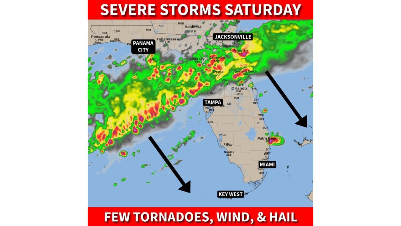 Florida Panhandle to Miami Face Tornadoes, Damaging Winds and Large Hail Saturday as Squall Line Pushes South Through the Peninsula