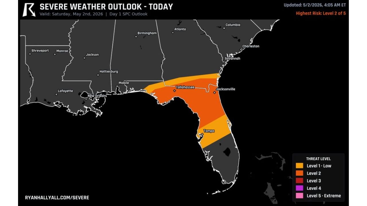 Florida and Southern Georgia Face Damaging Winds and Hail Today With Highest Storm Activity Expected From This Morning Through Early Evening