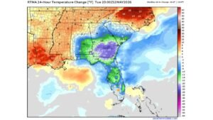 Florida and the Deep South See Dramatic 10 to 25 Degree Temperature Drops in 24 Hours as a Cold Front Sweeps Through Georgia, Alabama and the Carolinas Tuesday May 12