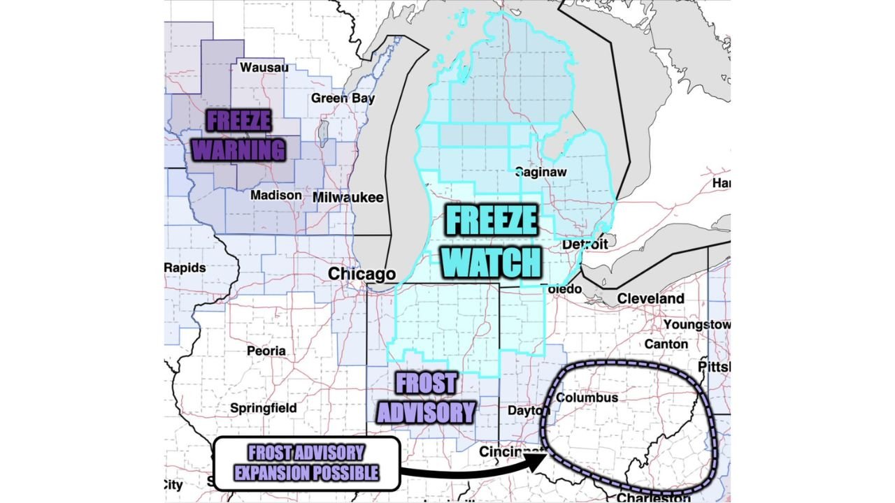 Freeze Warnings, Freeze Watches and Frost Advisories Blanket the Midwest Saturday Morning With Lows Dropping to 28 Degrees