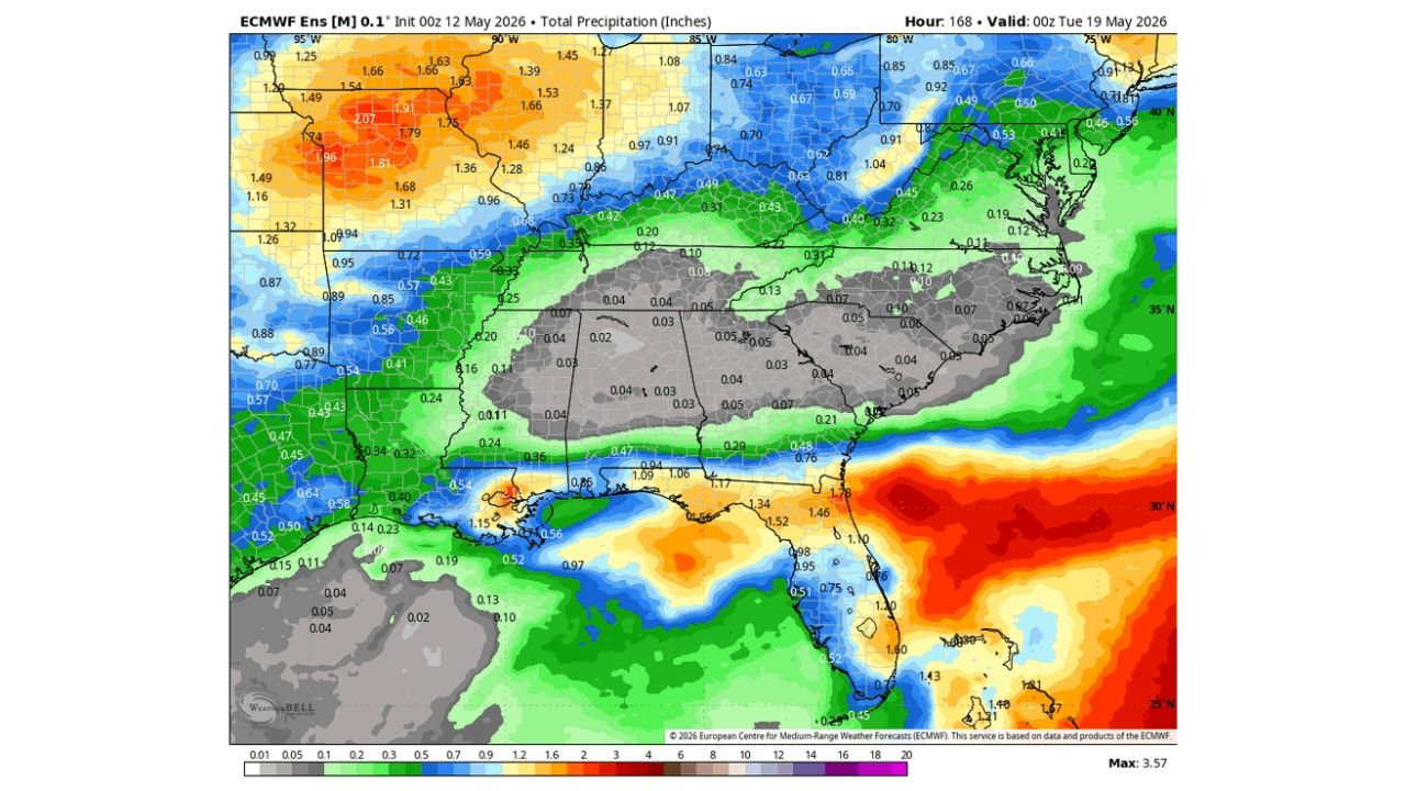 Georgia, Alabama, Mississippi and Tennessee Face Extended Dry Period Through May 19 While Florida Picks Up 0.47 to 1.17 Inches and Plains See Up to 2.07 Inches