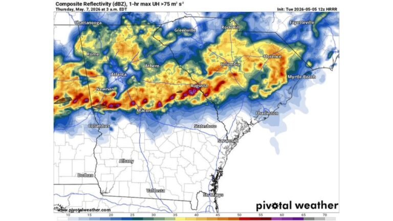 Georgia and South Carolina Face Heavy Rain and Late Night Storms Wednesday Into Thursday With Macon, Augusta and Newnan Topping 3 Inches