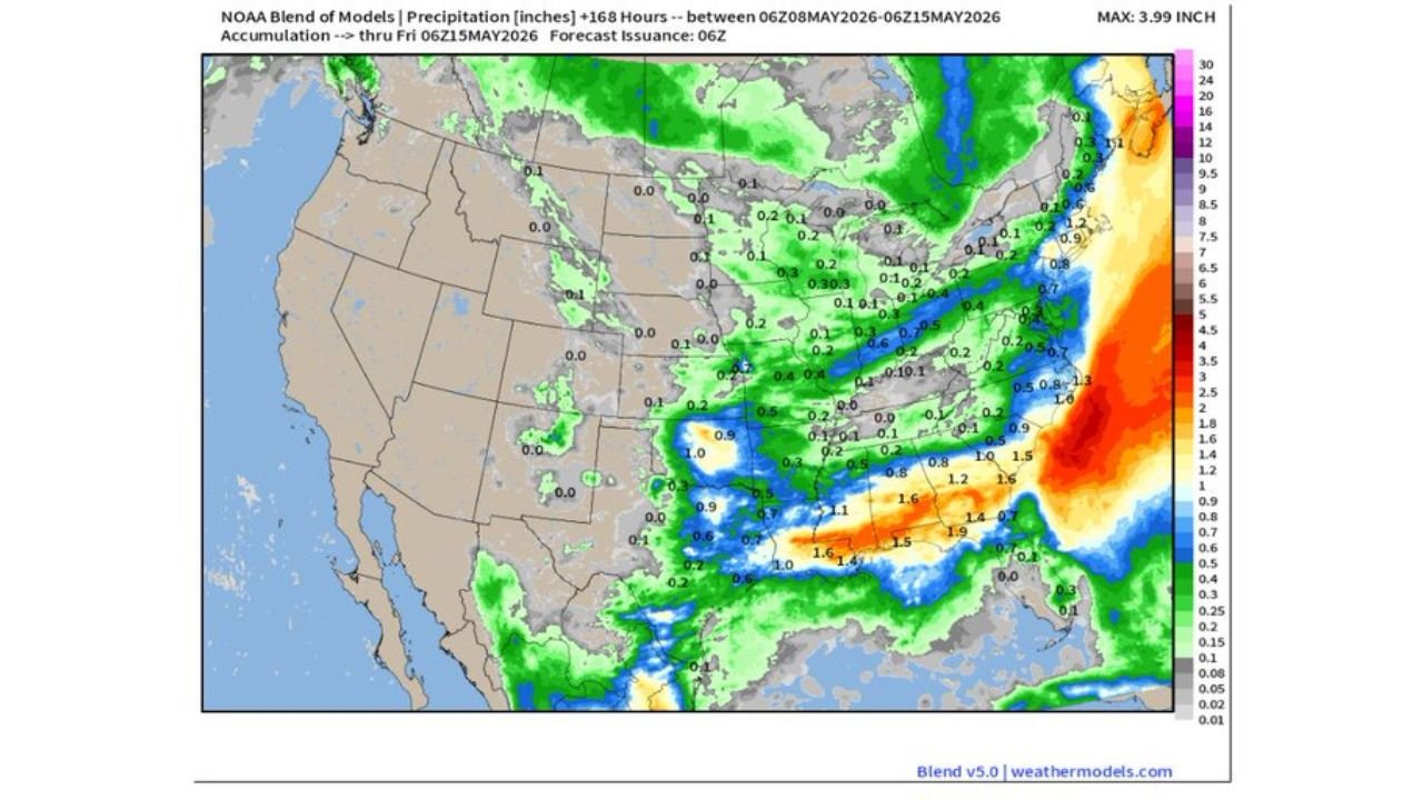Gulf States Face Up to 3.99 Inches of Rainfall Over the Next 7 Days as Hot Ridge Builds Into the Plains and Coastal Storm Possible by Mid-Month