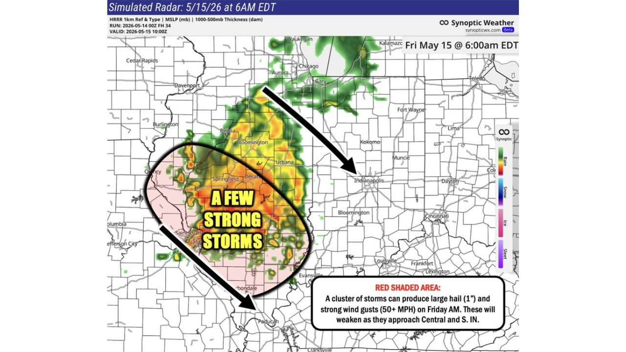Illinois Faces a Friday Morning Storm Cluster With 1-Inch Hail and 50 MPH Wind Gusts Near Springfield, Peoria and Bloomington Before Weakening Into Central Indiana by Midday May 15