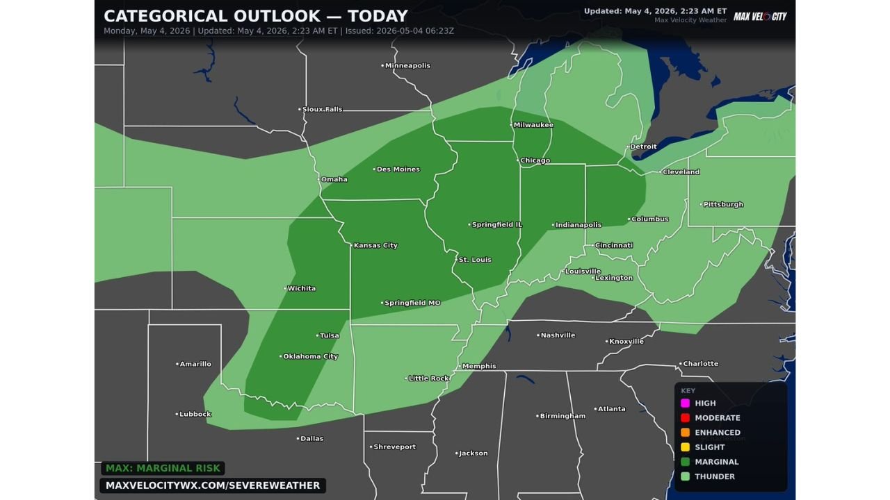 Illinois, Indiana, Ohio, Missouri and Oklahoma Face Isolated Damaging Winds, Hail and Brief Tornado Risk Monday Afternoon Into Evening Across Midwest and Southern Plains