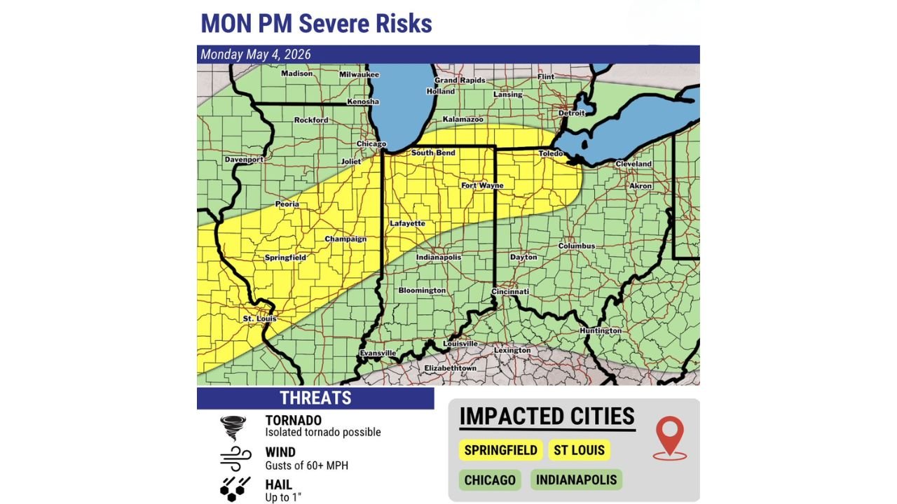Illinois Indiana and Ohio Face 60 MPH Wind Gusts Hail and Isolated Tornado Risk Late Monday Evening