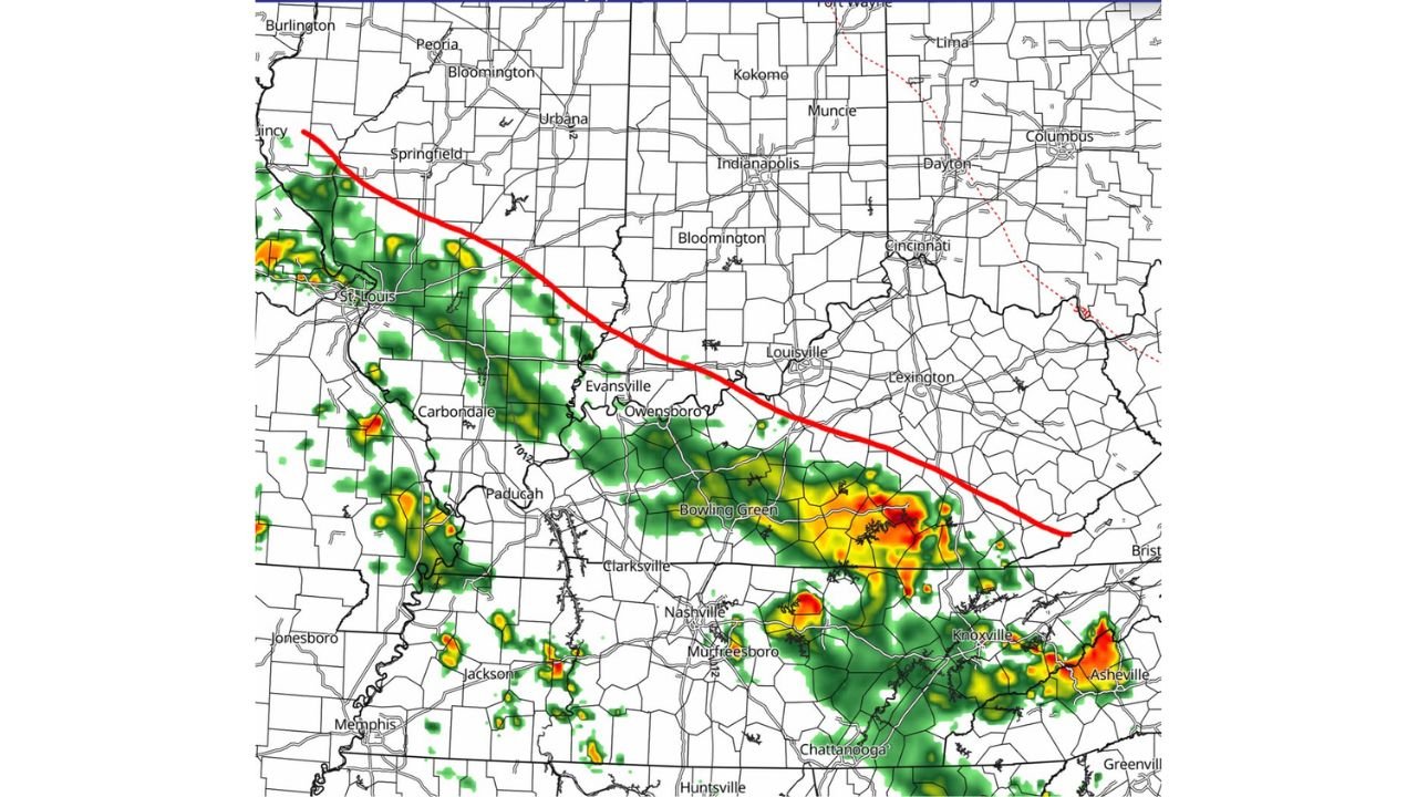 Illinois, Kentucky and Tennessee Split by Invisible Weather Line Friday Night as Storms Push South While Great Lakes High Pressure Holds the North Dry