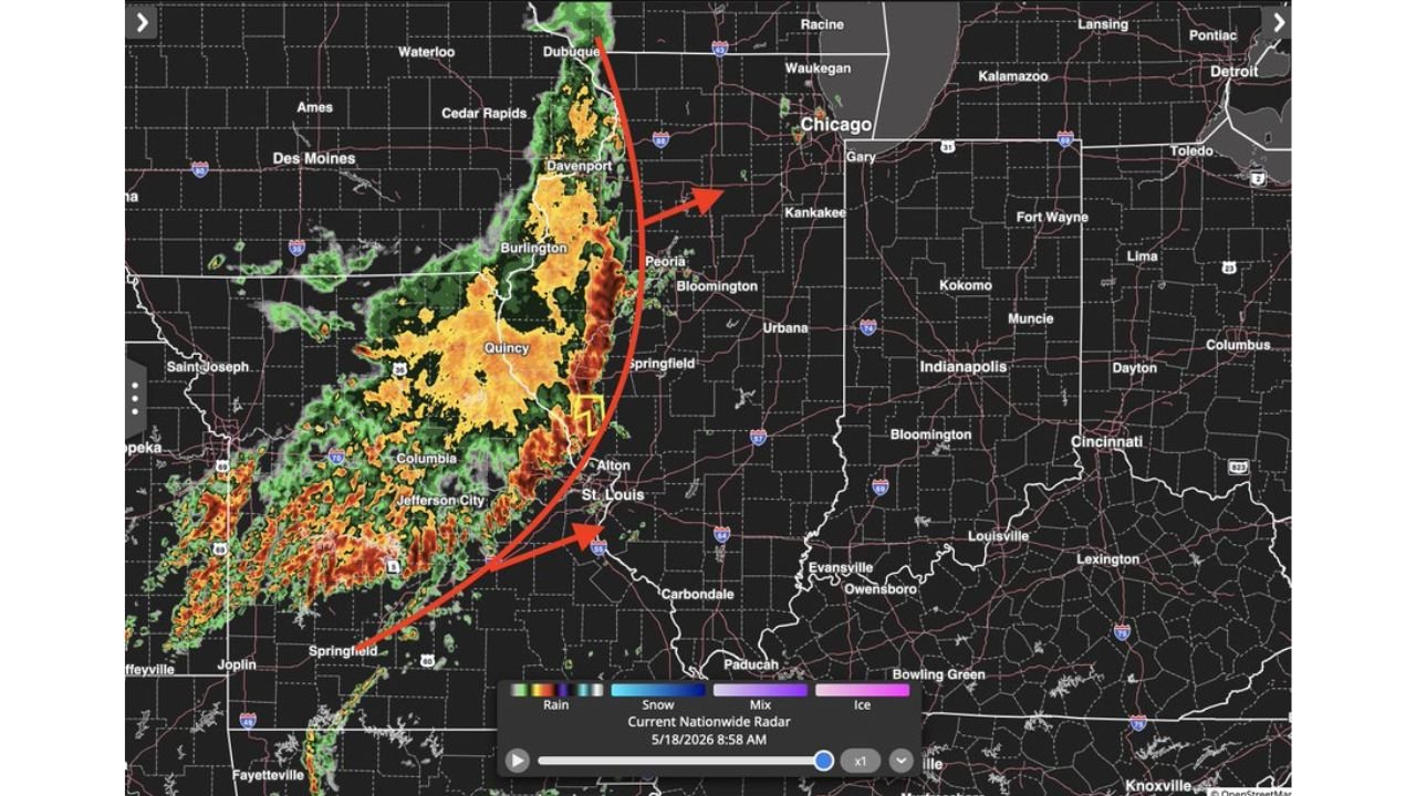 Illinois, Missouri and Indiana Face Severe Winds, Very Heavy Rain and Isolated Tornadoes Monday May 18 as Storm Line Pushes Northeast Into Indiana by Mid-Afternoon Including St. Louis, Chicago and Indianapolis