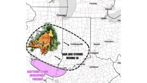 Illinois and Indiana Face Morning Rain and Storms Moving Southeast Near Peoria, Springfield and Indianapolis With Scattered Storm Development Possible on the Southern Edge Friday May 15