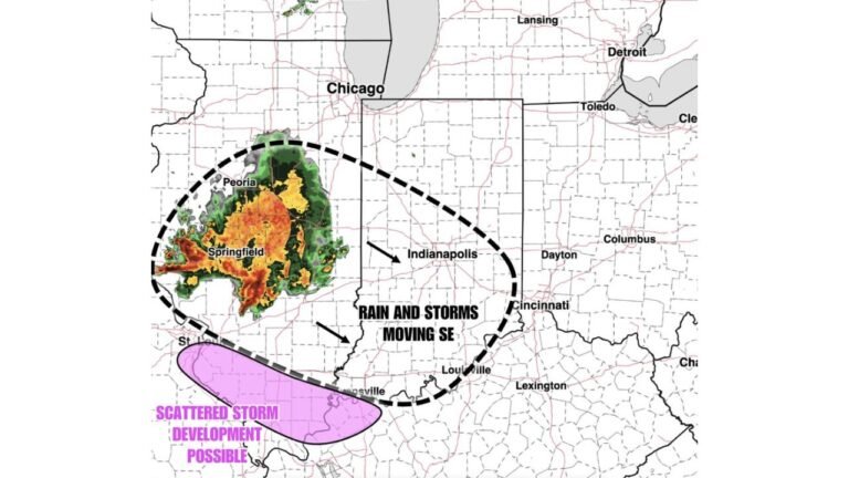 Illinois and Indiana Face Morning Rain and Storms Moving Southeast Near Peoria, Springfield and Indianapolis With Scattered Storm Development Possible on the Southern Edge Friday May 15