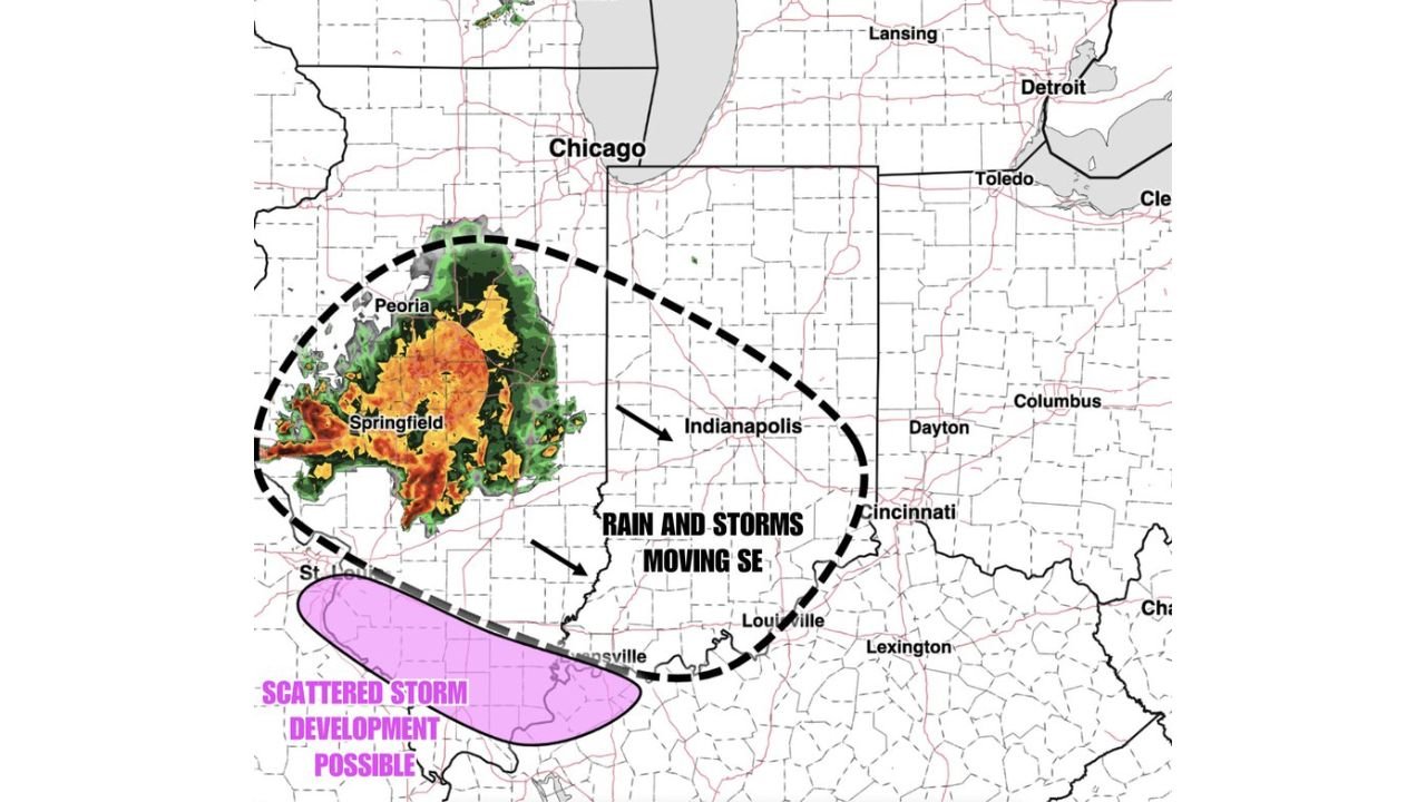 Illinois and Indiana Face Morning Rain and Storms Moving Southeast Near Peoria, Springfield and Indianapolis With Scattered Storm Development Possible on the Southern Edge Friday May 15