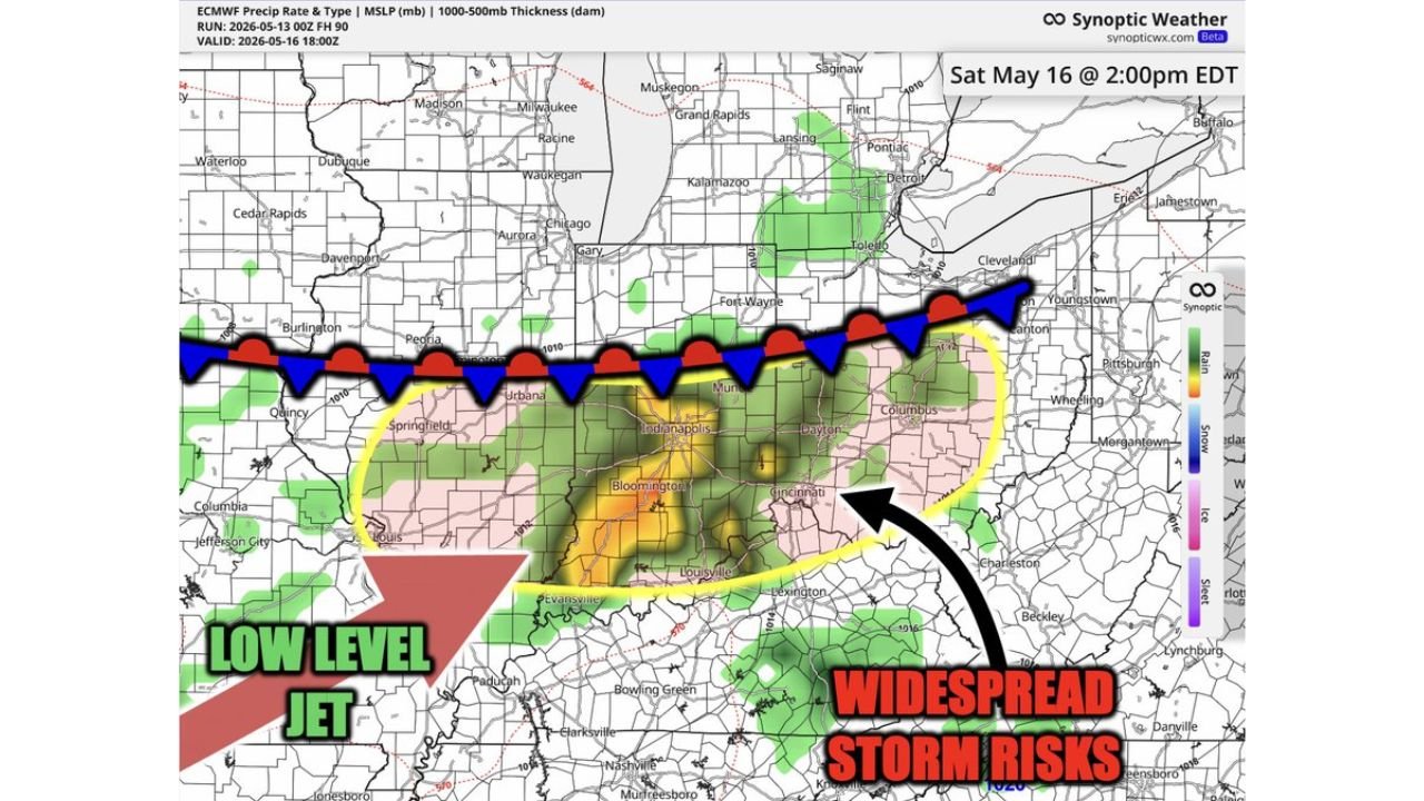 Indiana, Ohio, Kentucky and Illinois Face Widespread Storm Risks Near Indianapolis, Cincinnati, Columbus and Louisville Saturday May 16 This Afternoon and Evening