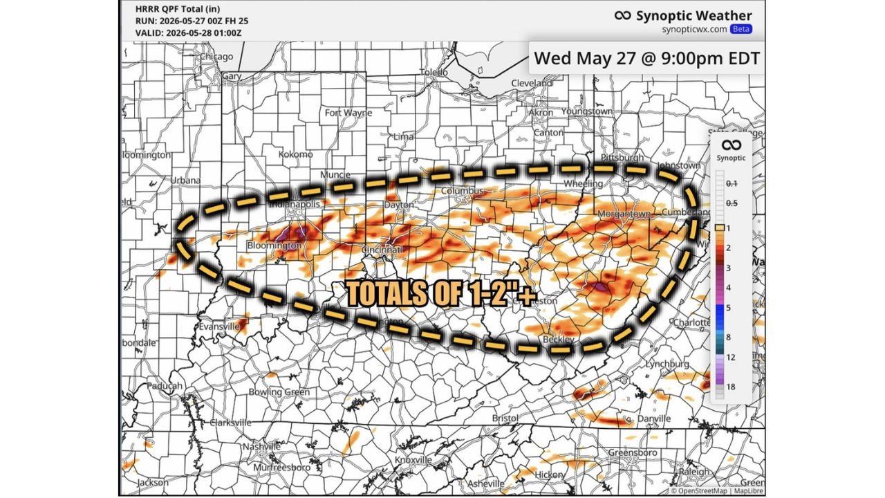 Indiana, Ohio, Kentucky, and West Virginia Face Wednesday Flood Concerns as 1 to 2 Inches of Rain Targets Already Saturated Soils Through 9 PM