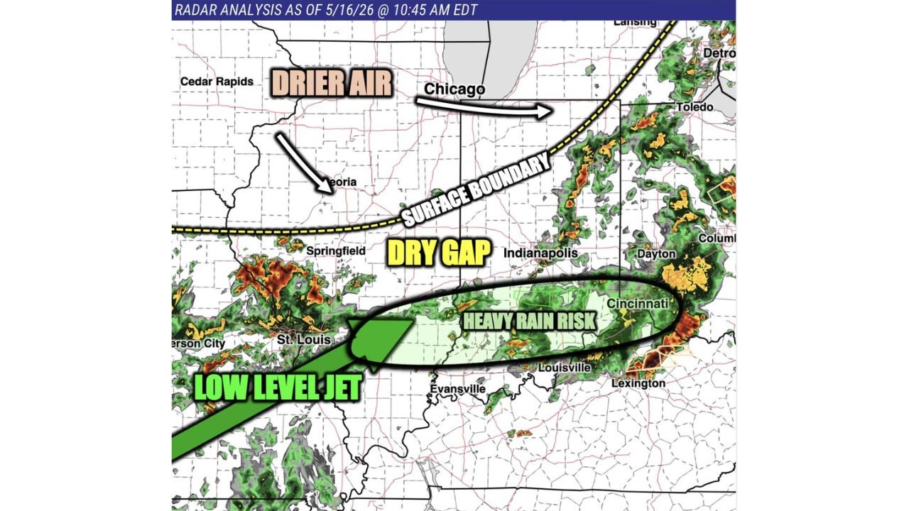 Indiana, Ohio and Kentucky Face Heavy Rain Risk South of I-70 Near Indianapolis, Cincinnati and Louisville as Surface Boundary and Low Level Jet Collide Saturday May 16 This Afternoon