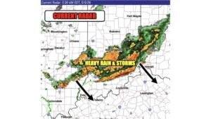 Indiana, Ohio and Kentucky Face Heavy Rain and Lightning Tuesday Morning With Widespread Heavy Rain Returning This Afternoon and Evening Along the Low Level Jet Corridor