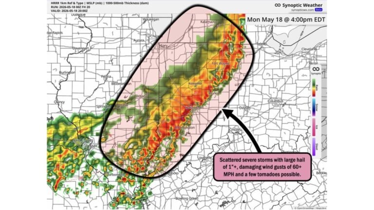 Indiana and Illinois Face 60 mph Wind Gusts, 1 Inch Plus Hail and Tornadoes Monday May 18 at 4 PM Including Indianapolis, Fort Wayne, Kokomo and Muncie During School Dismissal and Rush Hour