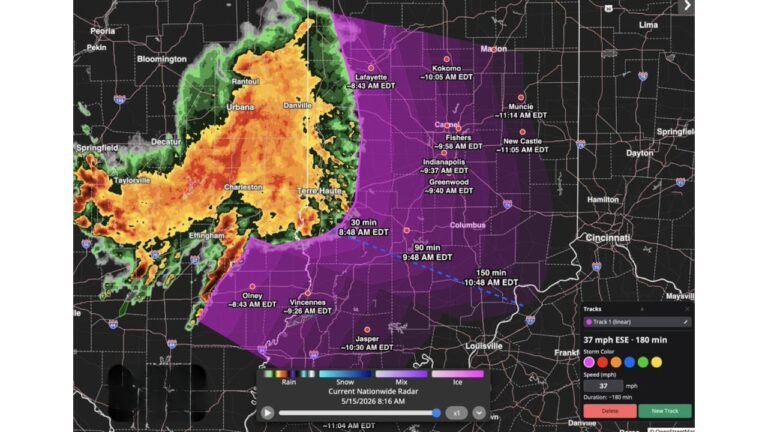 Indiana and Illinois Face Morning Rain Showers With 40 MPH Gusty Winds, Lightning and Heavy Rainfall Near Indianapolis, Lafayette and Terre Haute Friday May 15 Through Mid Morning