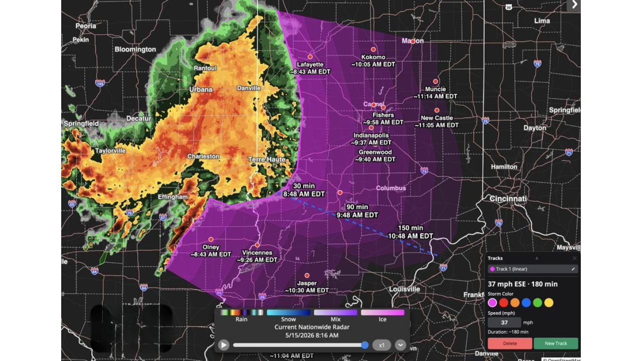 Indiana and Illinois Face Morning Rain Showers With 40 MPH Gusty Winds, Lightning and Heavy Rainfall Near Indianapolis, Lafayette and Terre Haute Friday May 15 Through Mid Morning