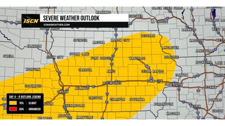 Iowa Faces Slight Risk Severe Weather Sunday May 17 With 15 Percent Chance of Storms From Sioux City and Fort Dodge Through Des Moines, Cedar Rapids and Davenport