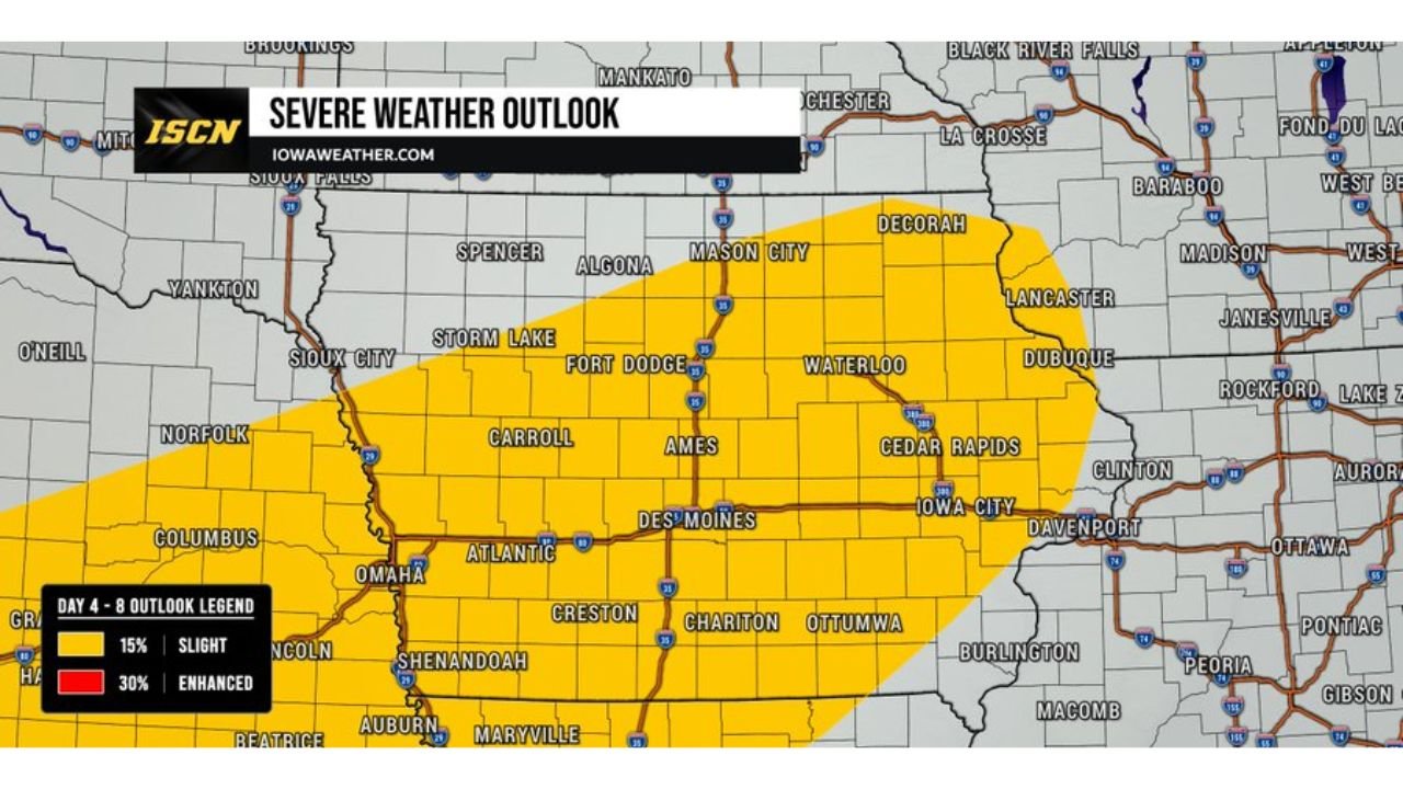 Iowa Faces Slight Risk Severe Weather Sunday May 17 With 15 Percent Chance of Storms From Sioux City and Fort Dodge Through Des Moines, Cedar Rapids and Davenport