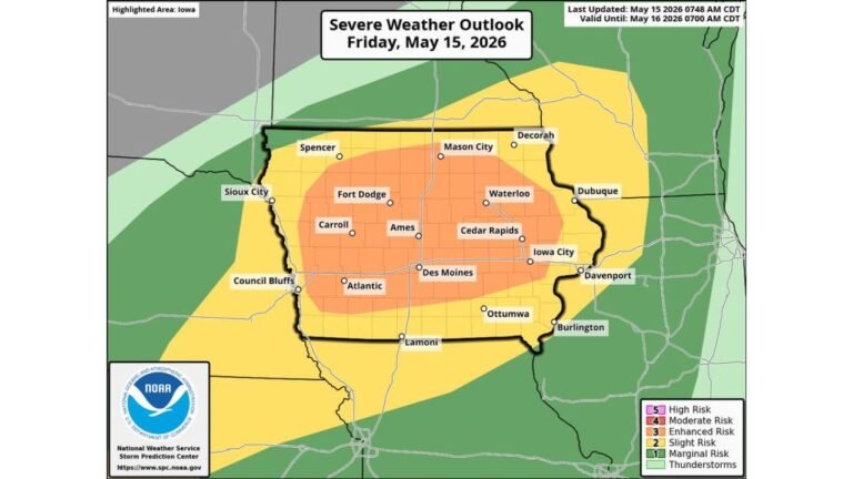 Iowa Faces an Enhanced Risk Level 3 With Hurricane-Force Winds, Very Large Hail and Embedded Tornadoes Near Des Moines, Cedar Rapids, Ames and Fort Dodge Friday May 15