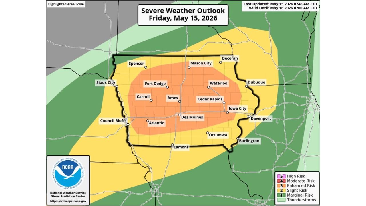 Iowa Faces an Enhanced Risk Level 3 With Hurricane-Force Winds, Very Large Hail and Embedded Tornadoes Near Des Moines, Cedar Rapids, Ames and Fort Dodge Friday May 15