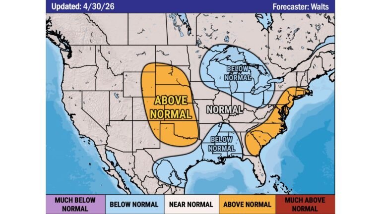 June 2026 Severe Weather Outlook Shows Above Normal Activity for the Plains, Nebraska, Kansas, Oklahoma and the Mid-Atlantic East Coast While the Great Lakes, Michigan, Wisconsin and the Deep South Run Below Normal
