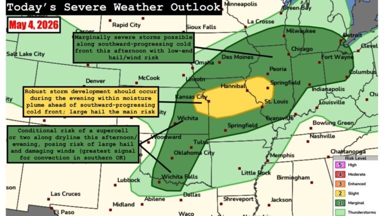 Kansas, Illinois, Missouri and Southern Oklahoma Face Large Hail and Damaging Winds Monday With Slight Risk Evening Storms and Conditional Supercell Threat Along the Dryline