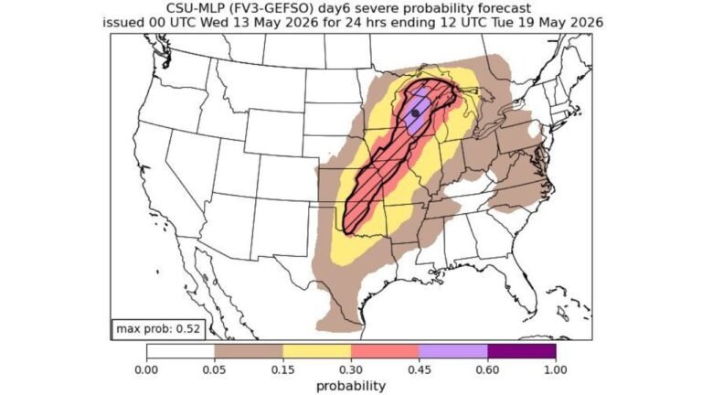 Kansas, Iowa, Illinois, Indiana and Michigan Face a Very Large Hatched Severe Weather Risk With All Hazards Possible and 52% Maximum Probability Across the Central US Monday May 18
