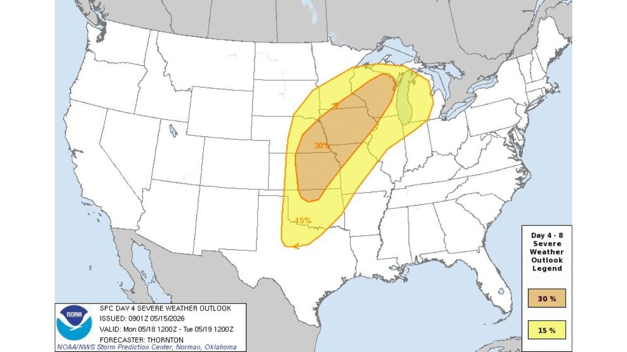 Kansas, Iowa, Illinois and Wisconsin Face a 30% Outbreak Risk With EF2 to EF3 Tornadoes, Very Large Hail and Damaging Winds Possible From Oklahoma to Wisconsin Monday May 18