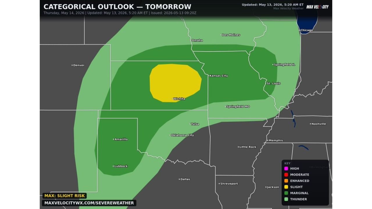 Kansas, Missouri and Oklahoma Face Significant Severe Weather With Very Large Hail and Intense Damaging Winds Near the I-40 Corridor and Wichita Thursday May 14 This Afternoon and Evening