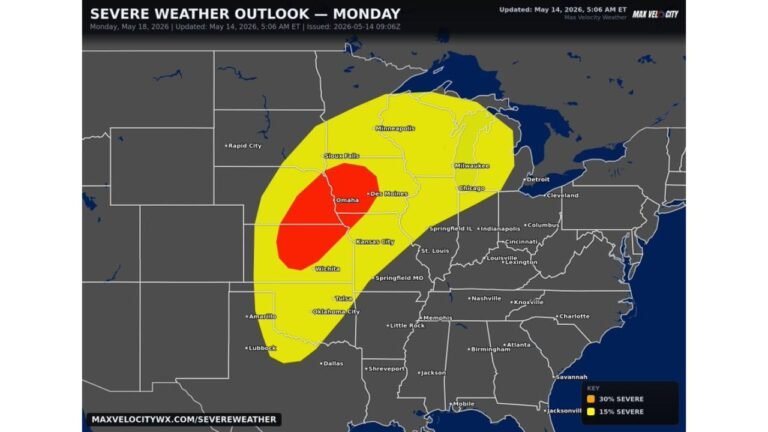 Kansas, Nebraska, Iowa, Illinois and Michigan Face a Possible Severe Weather Outbreak With Strong Tornadoes, Very Large Hail and Damaging Winds Near Omaha, Kansas City and Des Moines Monday May 18