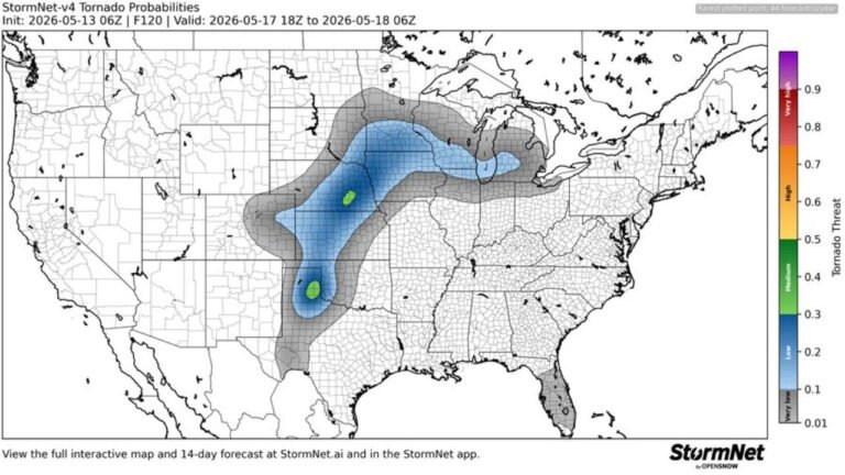 Kansas, Nebraska, Iowa, Missouri and the Great Lakes Face an Elevated Tornado Threat Sunday May 17 With Two Focused High-Risk Zones Detected Across the Central Plains and Midwest