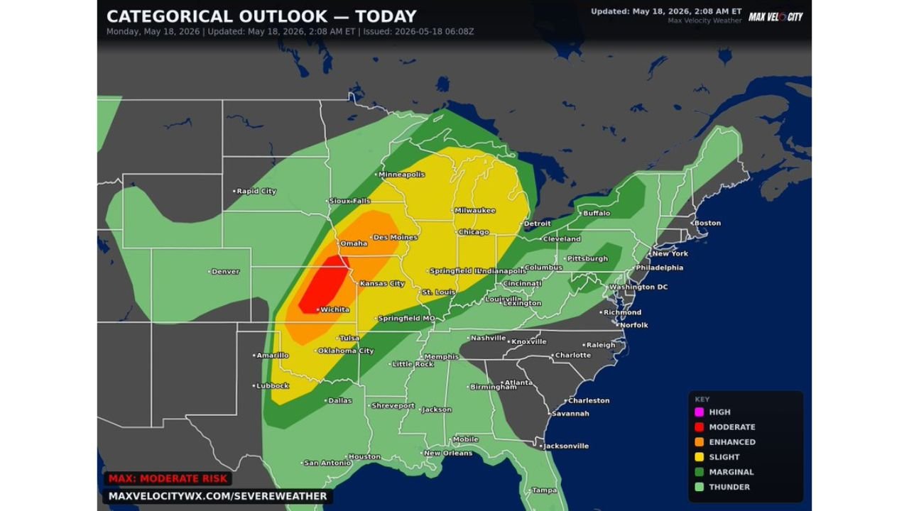 Kansas, Nebraska, Iowa, Texas and Oklahoma Face Tornado Outbreak Monday May 18 With Several EF2 Plus Tornadoes Possible Including Wichita, Omaha, Kansas City and Oklahoma City