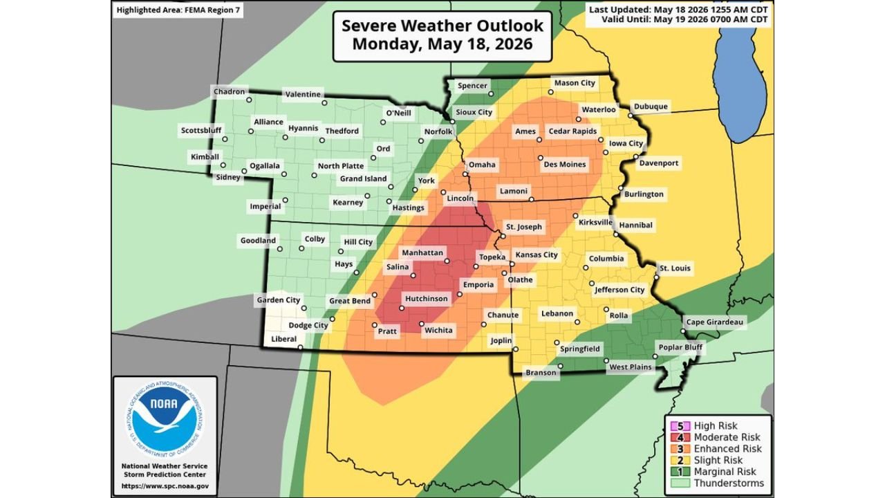 Kansas, Nebraska, Iowa and Missouri Face Level 4 Moderate Risk With Very Large Hail and Strong Tornadoes Monday May 18 Including Wichita, Hutchinson, Topeka, Salina and Omaha This Afternoon and Evening