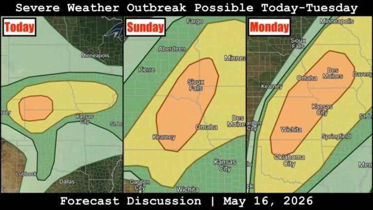 Kansas, Nebraska, Iowa and Oklahoma Face a 3-Day Severe Weather Outbreak With Strong Tornadoes and All Hazards Possible Near Sioux Falls, Omaha, Wichita and Oklahoma City Saturday Through Monday May 16-18