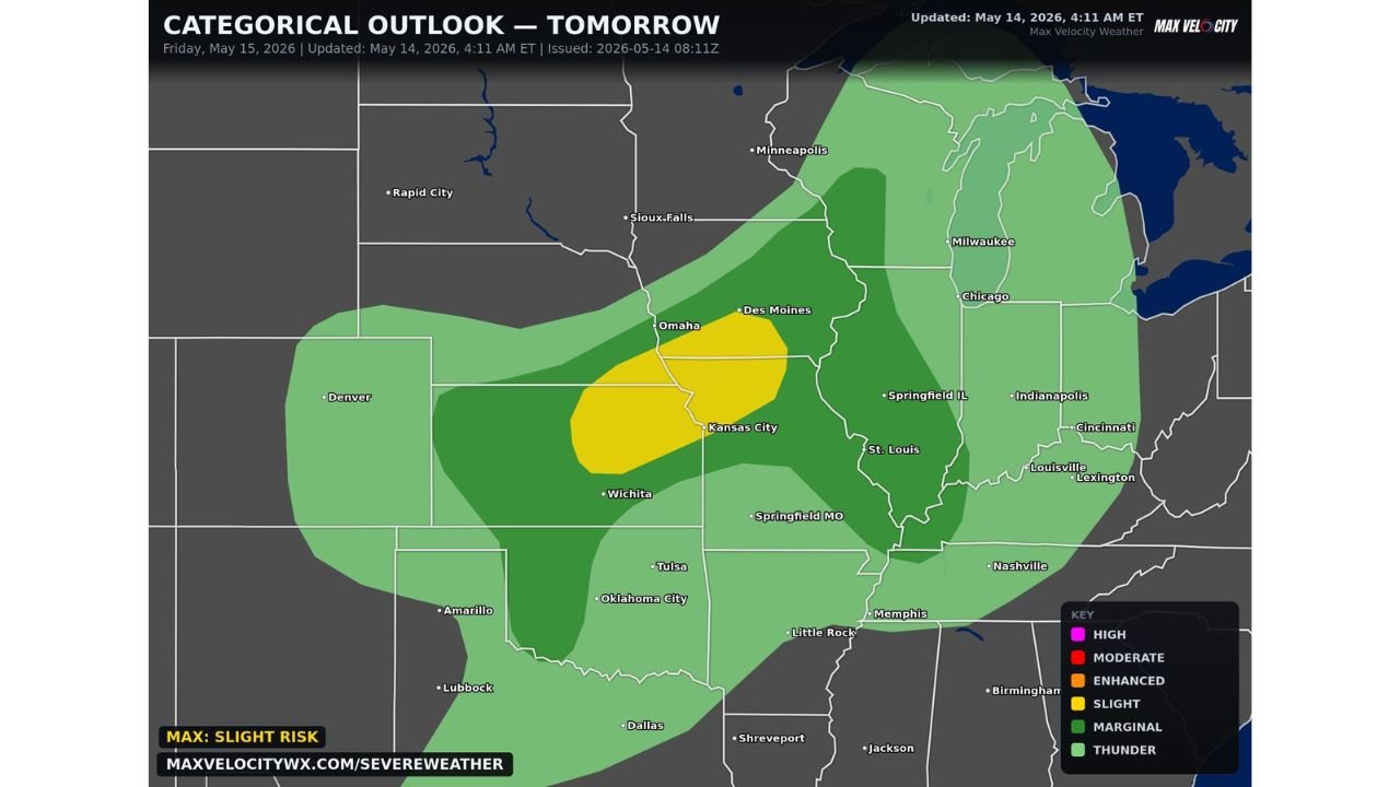 Kansas, Nebraska, Iowa and Wisconsin Face Damaging Winds and Very Large Hail Near Omaha, Kansas City and Des Moines as Severe Storms Stretch From Texas to Wisconsin Friday May 15 Late Afternoon and Evening