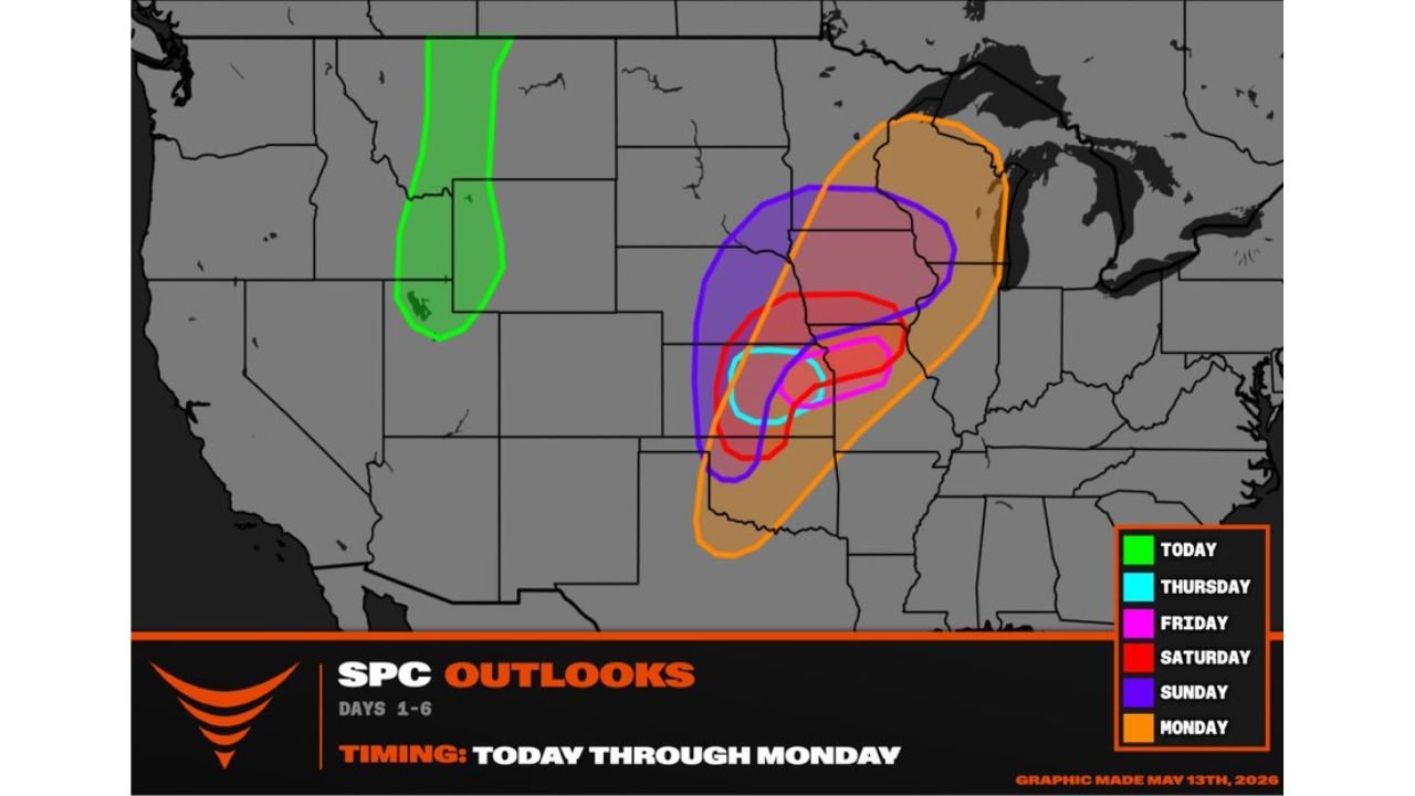 Kansas, Oklahoma, Iowa and the Upper Midwest Face 5 Consecutive Days of Severe Weather With Supercells, Tornadoes and Large Hail Possible From Thursday Through Monday May 13-18