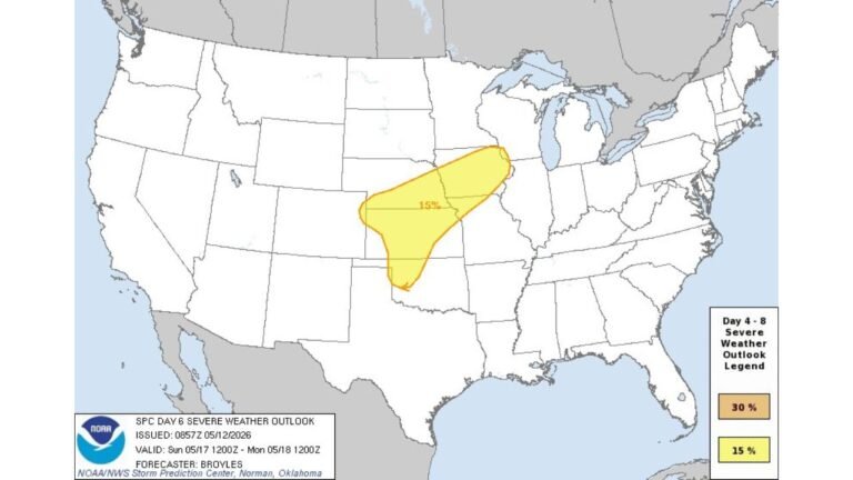 Kansas, Oklahoma, Nebraska and Upper Midwest Face 15 Percent Chance of Damaging Winds and Large Hail Saturday May 16 Through Monday May 18 as Threat Shifts North